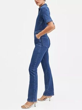 Mango Zip Front Denim Jumpsuit Size M Collared Straight Leg Utility